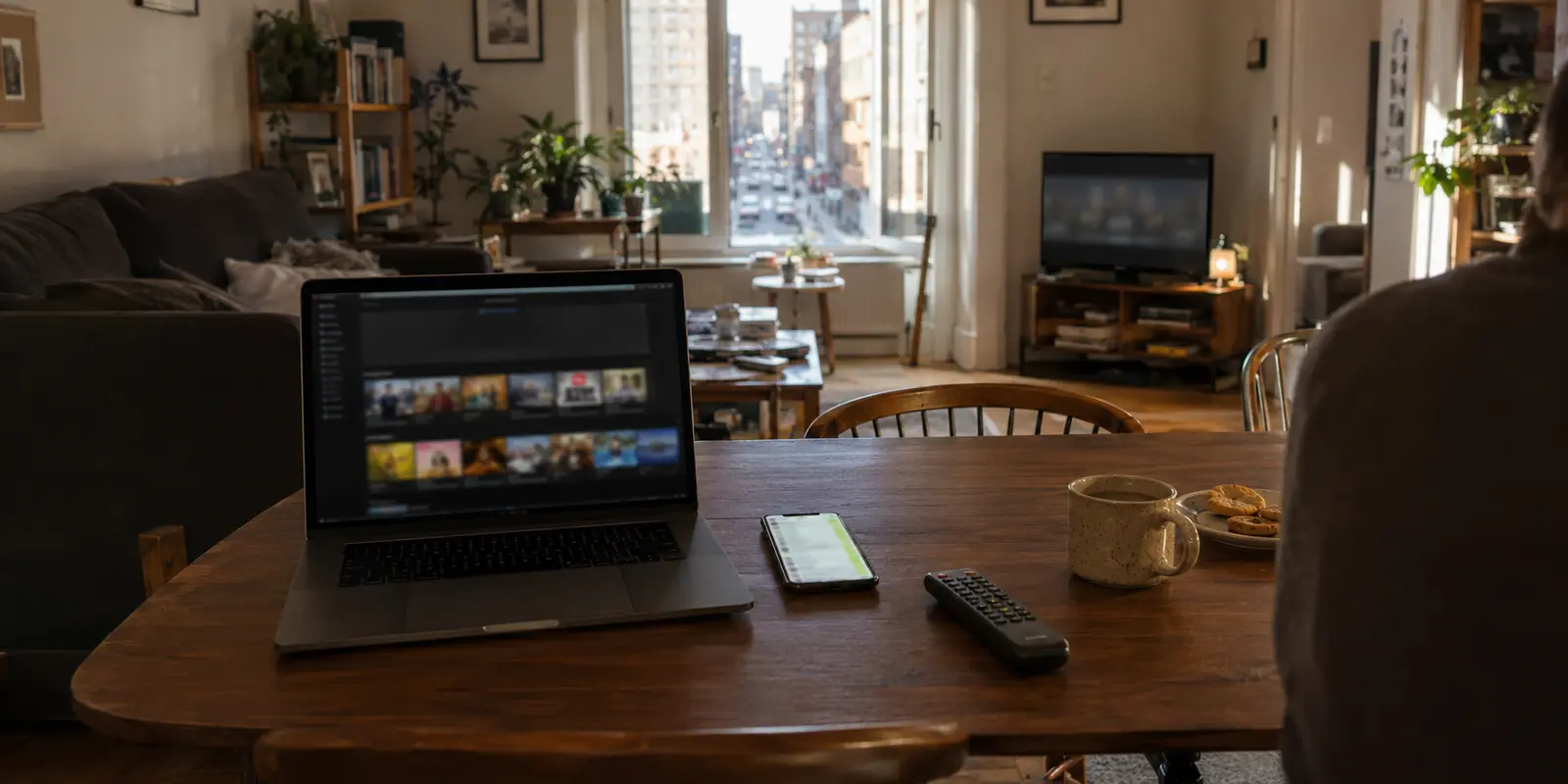Un salón de Nueva York con un catálogo de televisión española abierto y el chat familiar activo en el teléfono