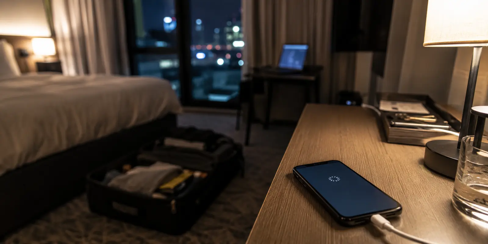 Teléfono con una conexión detenida sobre la mesa de una habitación de hotel recién ocupada