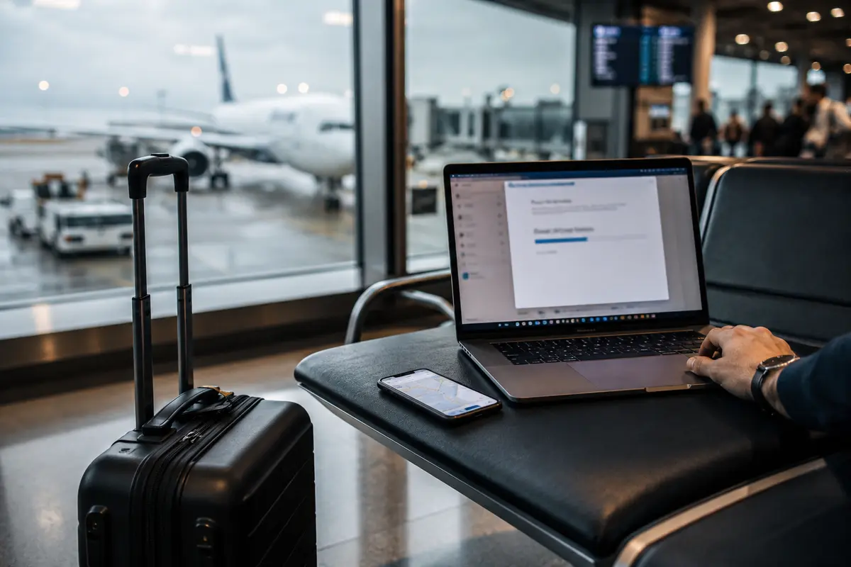 Portátil enviando un archivo y teléfono con un mapa junto a una maleta en un aeropuerto