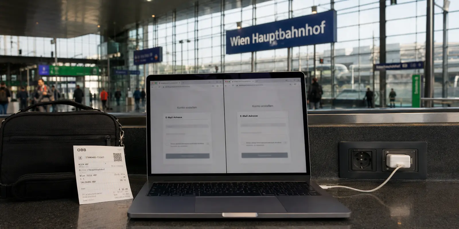 Zwei Kontoanmeldungen auf einem Laptop im Wiener Hauptbahnhof