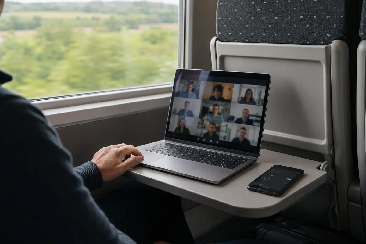 Dans un train en mouvement, la visioconférence fonctionne sur l’ordinateur grâce au partage de connexion mobile.