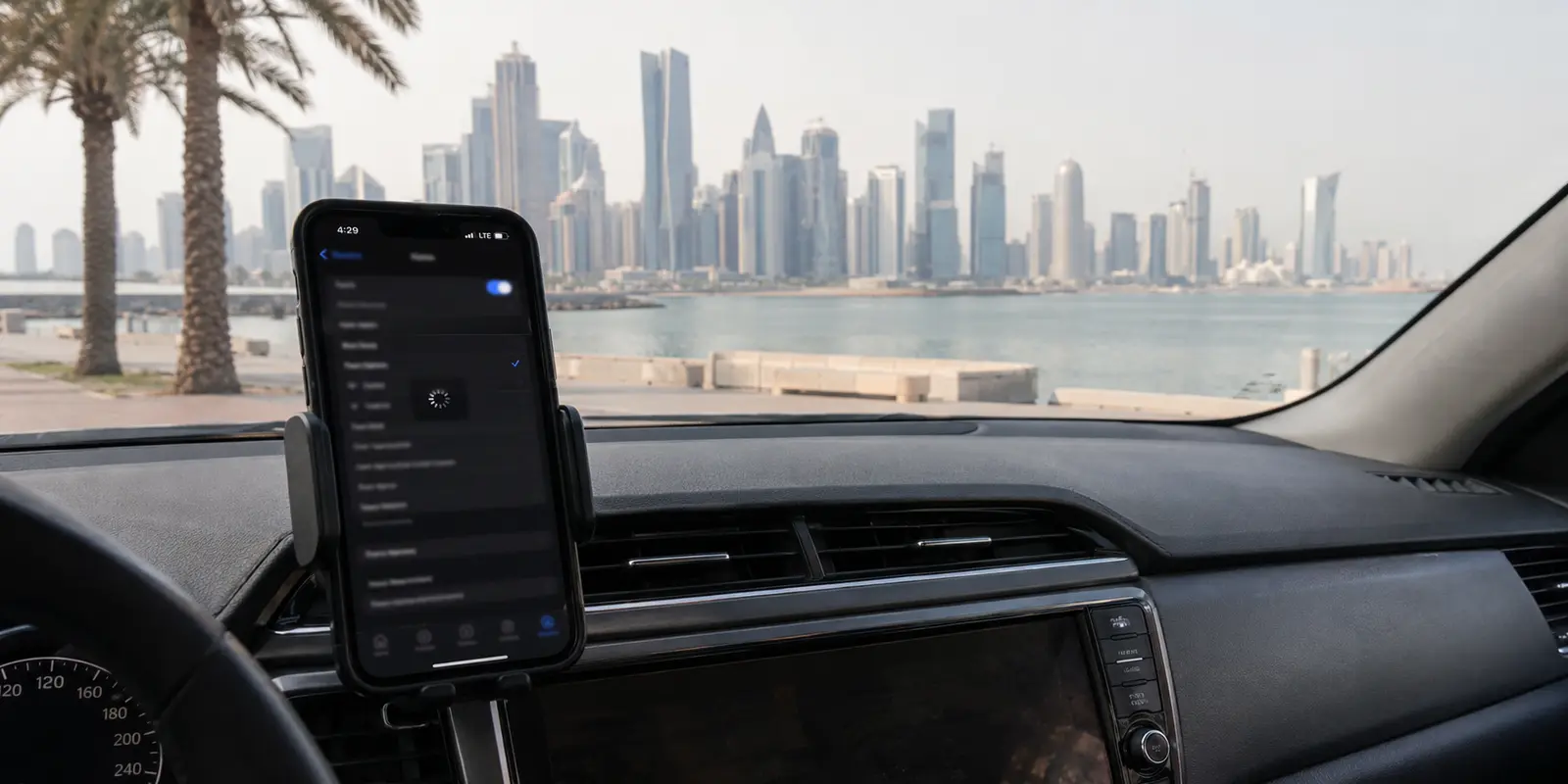 A phone attempting to establish a VPN connection inside a parked car overlooking the Doha skyline