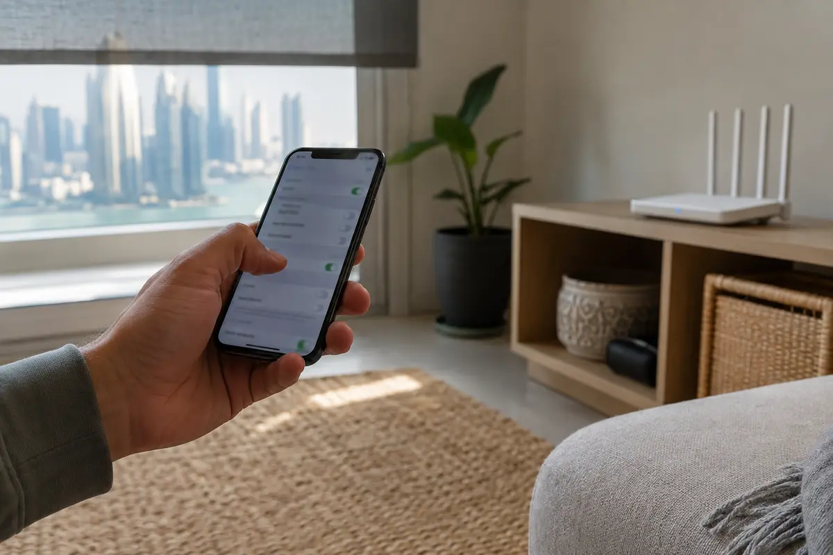A traveler tests the same phone beside a home Wi-Fi router in a Doha apartment