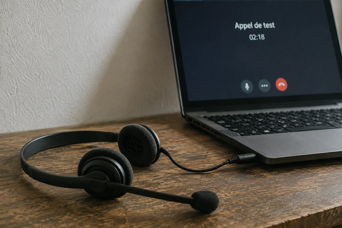 Un casque branché à un ordinateur accompagne un appel de test en cours.