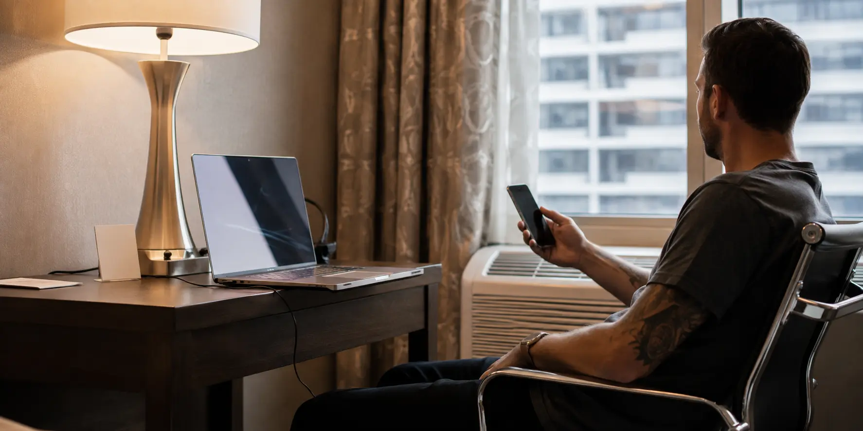 Ordinateur et téléphone dans une chambre d’hôtel pendant un voyage