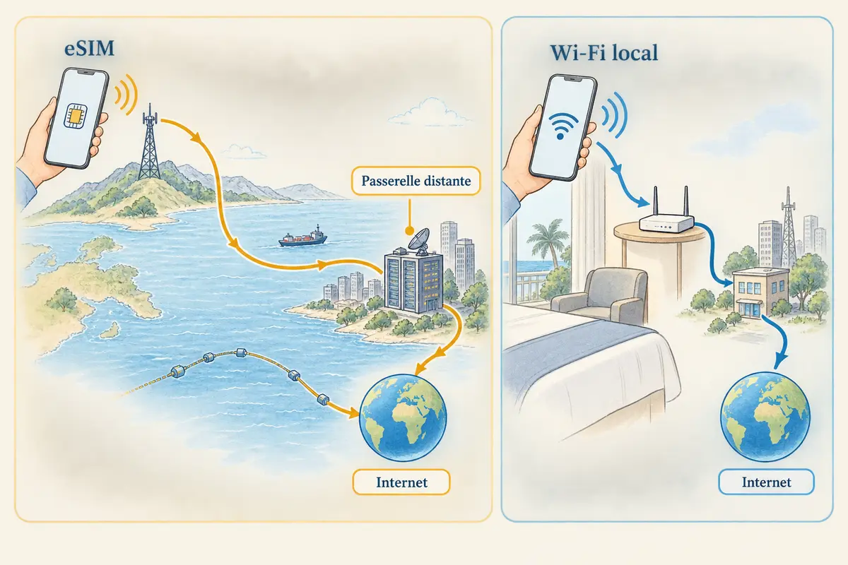 Deux parcours distincts vers Internet, l’un par une eSIM et l’autre par le Wi-Fi local