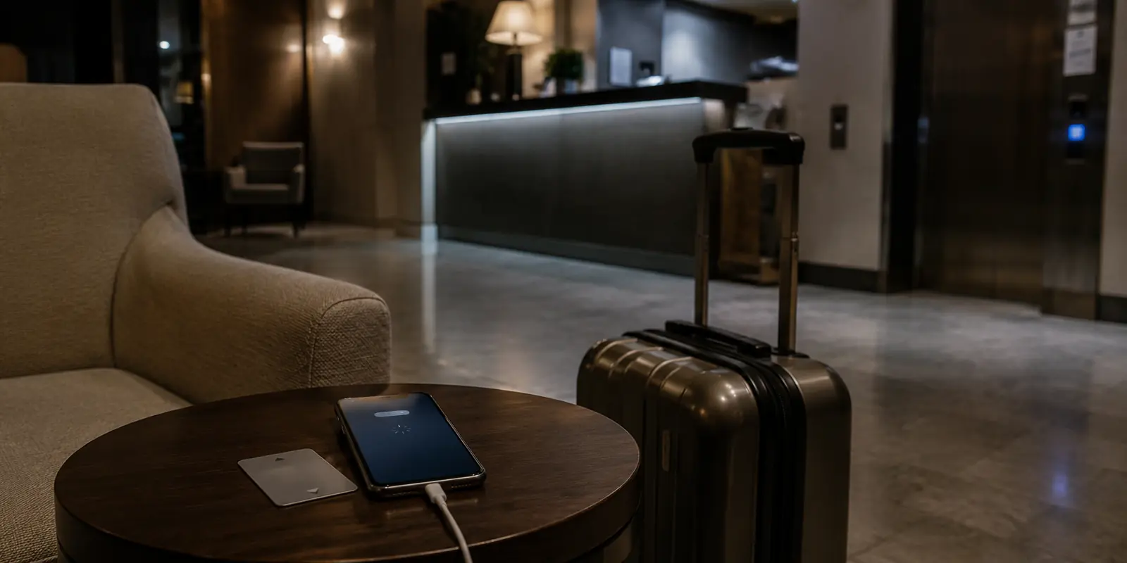 Un téléphone en attente de connexion, posé avec une carte de chambre et une valise dans le hall d’un hôtel