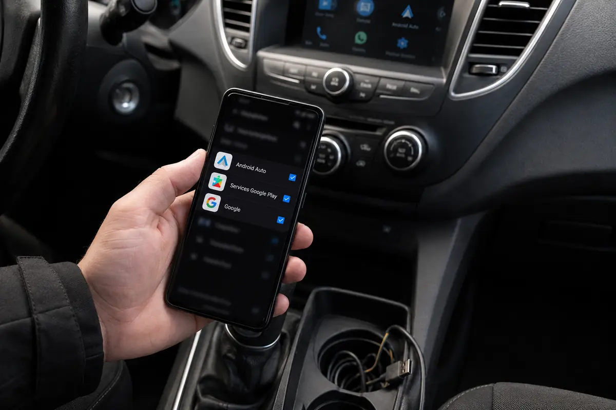 Le téléphone affiche les exclusions Android Auto, Services Google Play et Google devant le tableau de bord reconnecté.