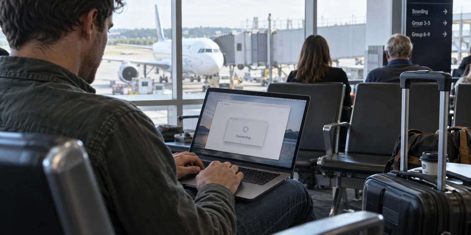 A traveler at an airport gate with a VPN stuck on Connecting before the Wi-Fi portal is cleared.