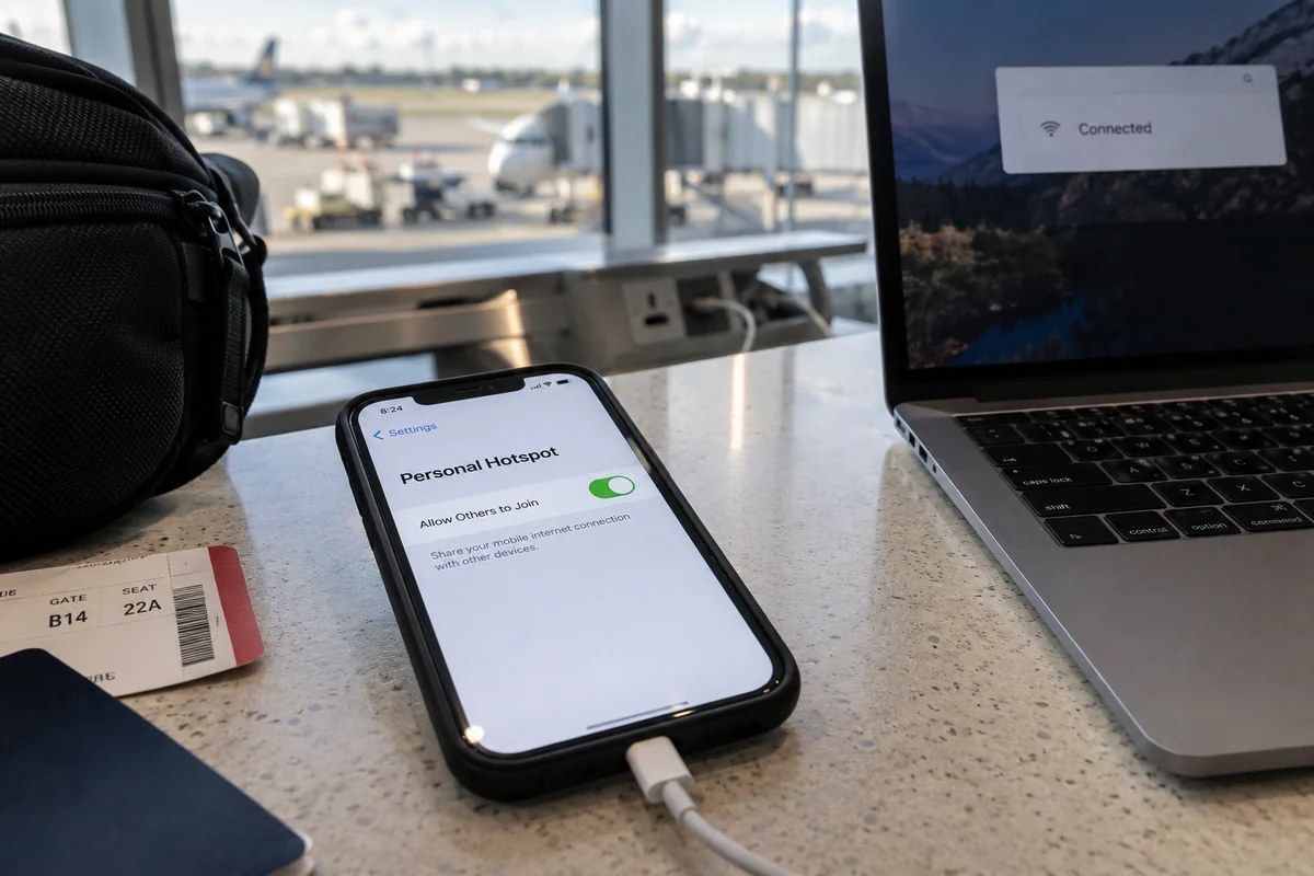 A phone personal hotspot switched on beside a connected laptop at an airport gate.