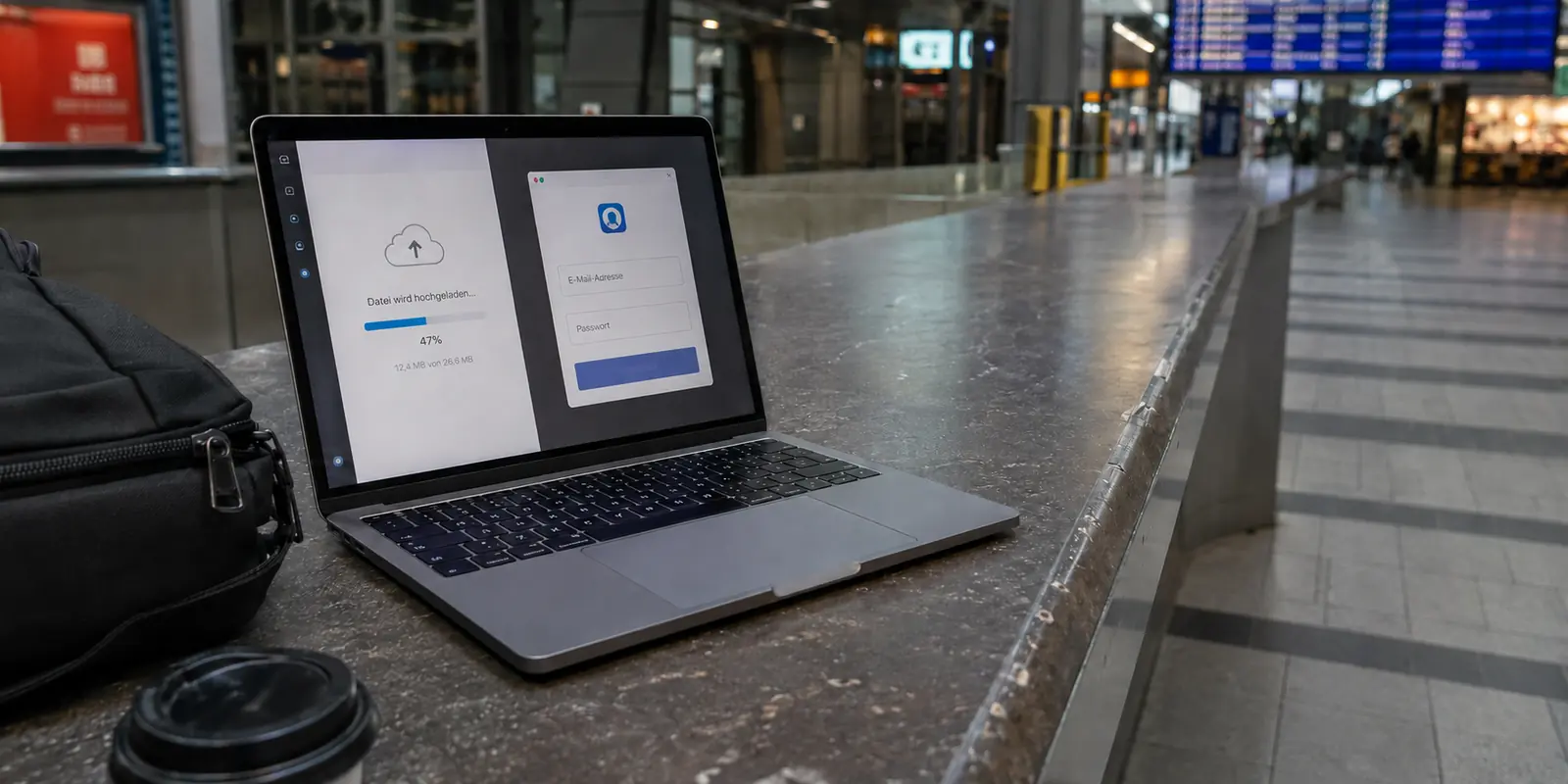 Notebook im Bahnhof mit laufendem Datei-Upload und einer VPN-Registrierung per E-Mail und Passwort