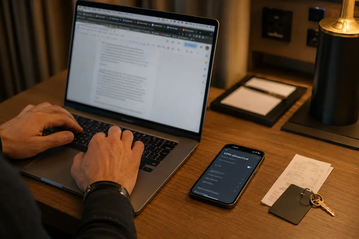 Voyageur travaille déjà sur le Wi-Fi de l'hôtel alors que son téléphone indique VPN désactivé