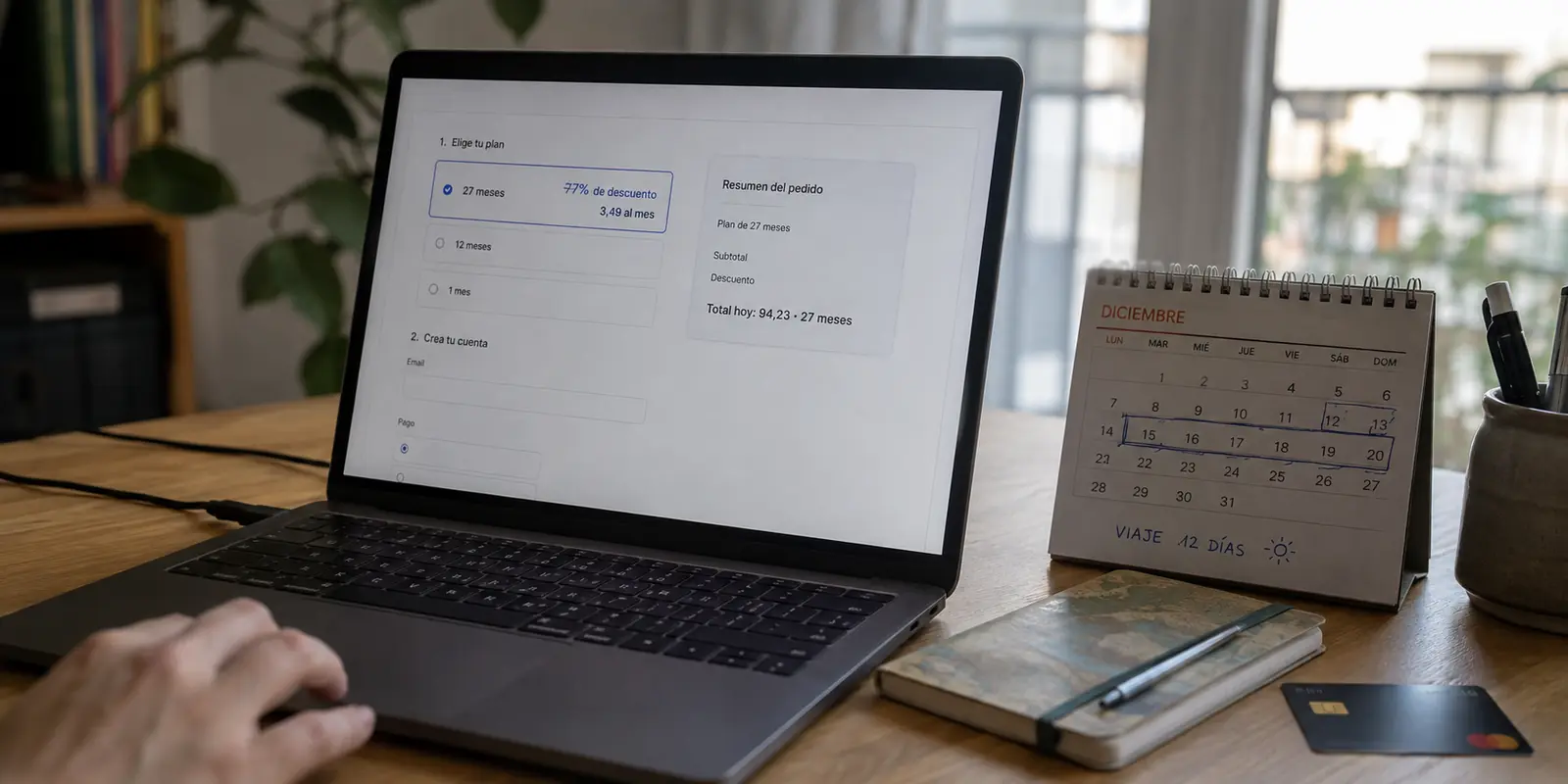 Una oferta de VPN del 77% revela en el resumen de compra un cobro por 27 meses junto a un calendario de viaje