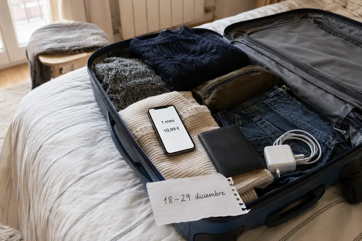 Una maleta preparada para un viaje del 18 al 29 de diciembre junto a la confirmación de un plan mensual de VPN