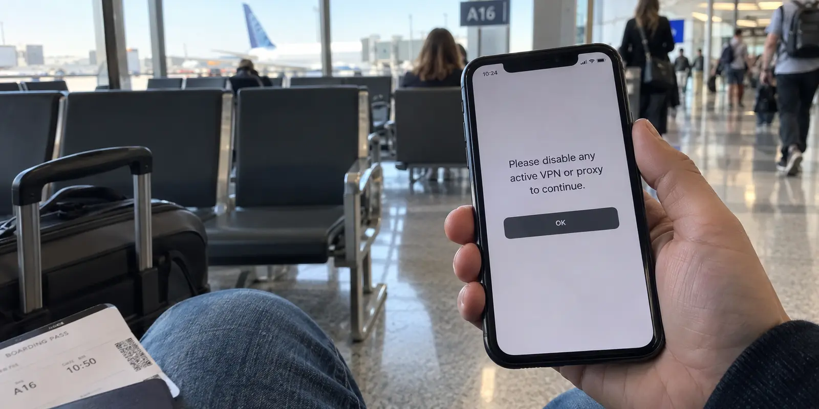 Banking app asking an airport traveler to disable an active VPN or proxy