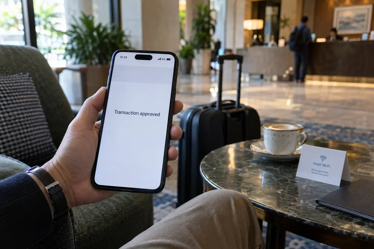 Banking transaction approved over 5G in a hotel lobby instead of public Wi-Fi