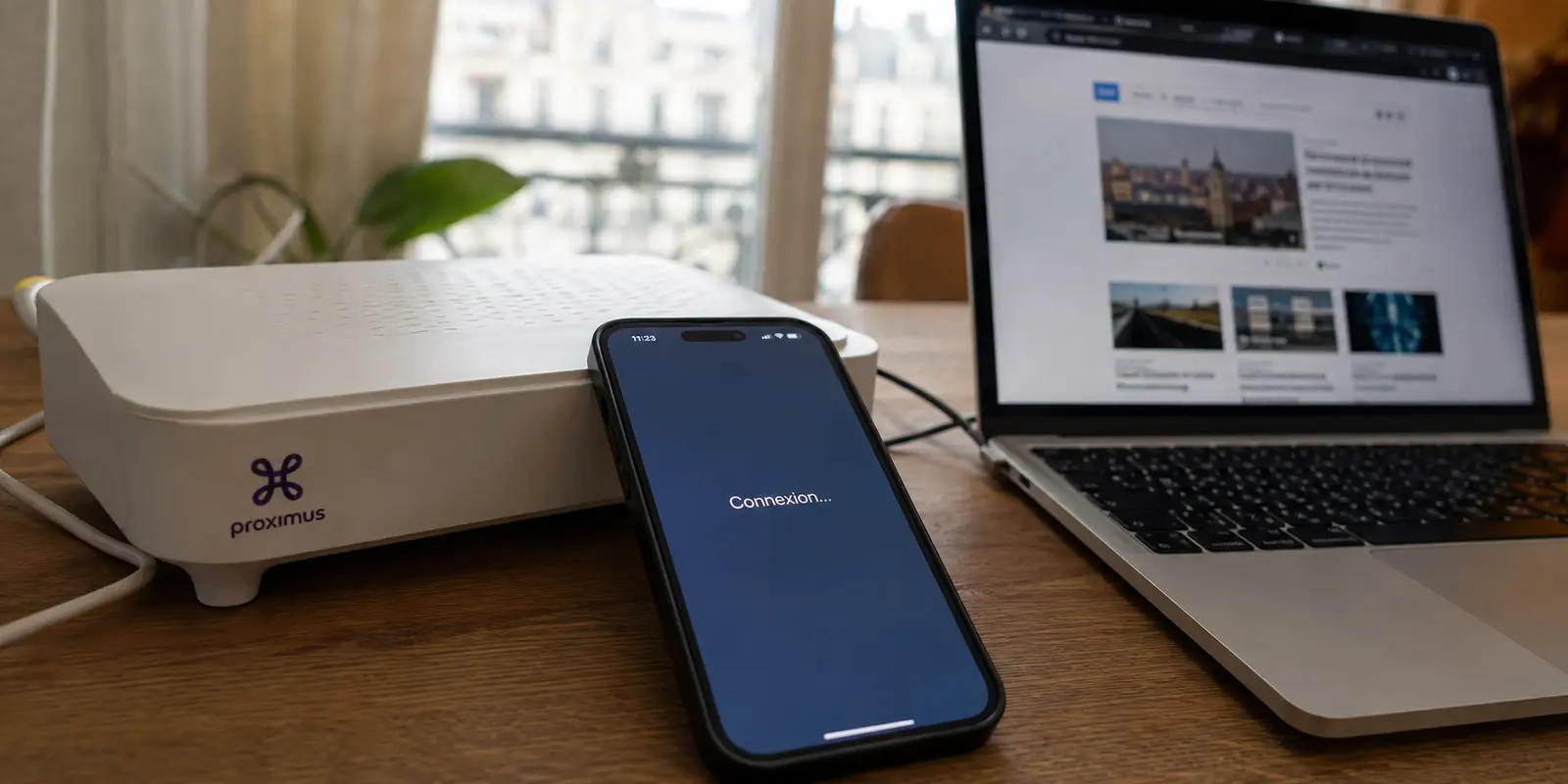 Un téléphone reste sur Connexion devant une box Proximus tandis que le Wi-Fi charge normalement sur l’ordinateur