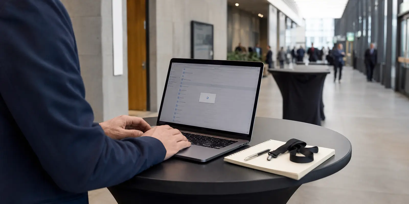 Dans un centre de conférences, un dossier reste bloqué sur un ordinateur connecté au Wi-Fi visiteurs.