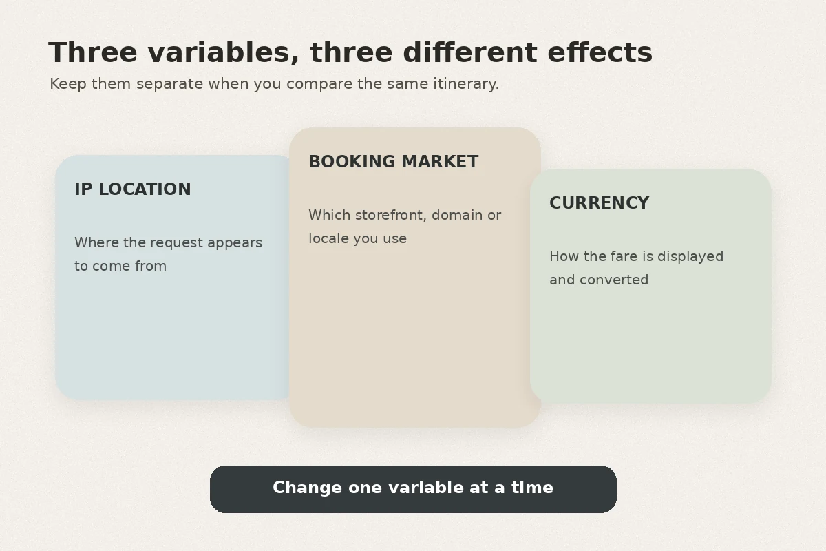 Comparison diagram separating IP location, booking market, and currency.