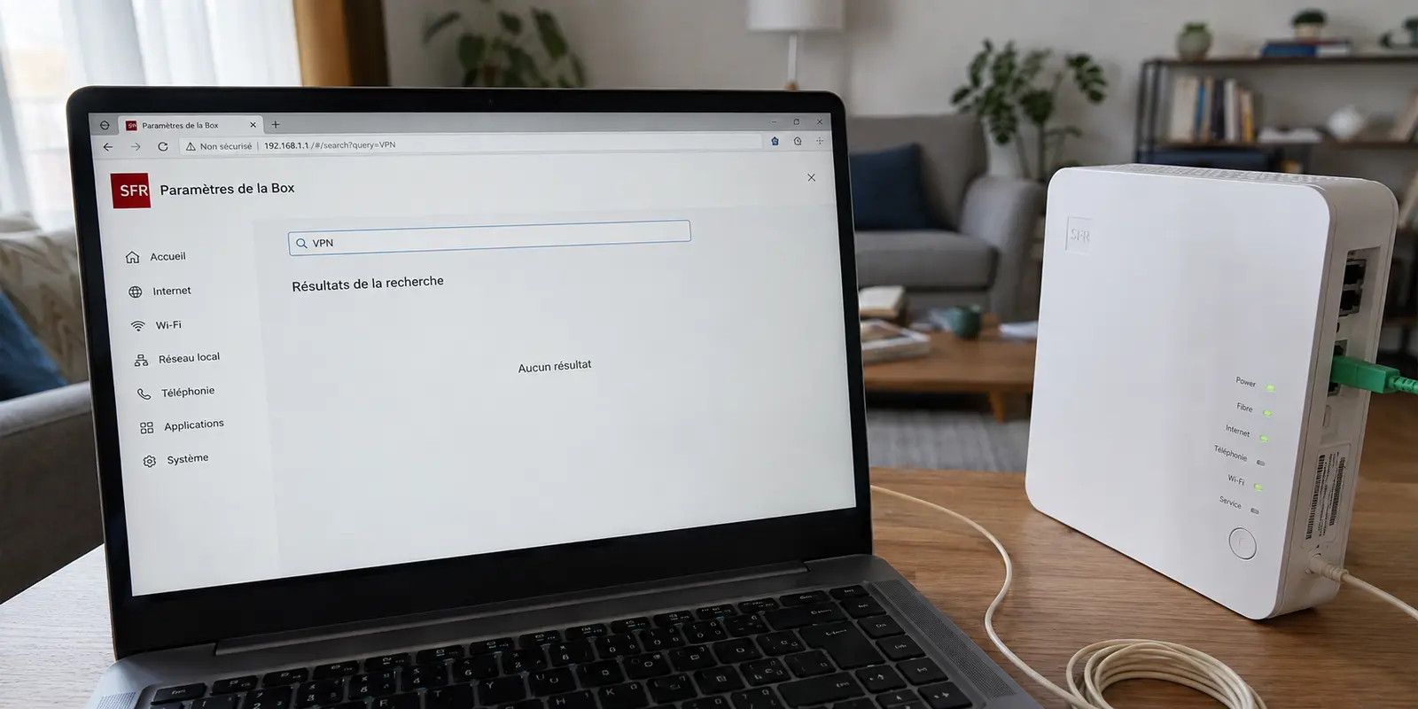 La recherche VPN dans les paramètres d’une Box SFR fibre ne renvoie aucun résultat