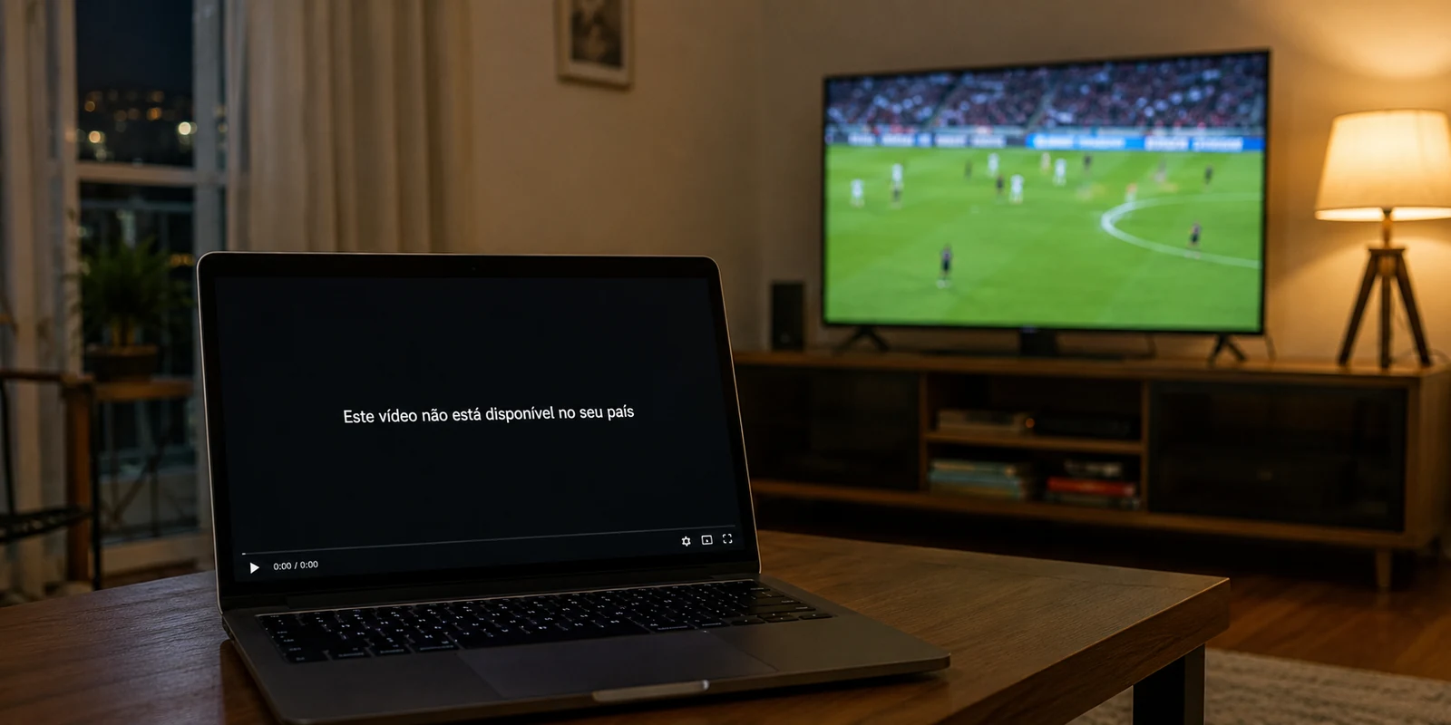 Um notebook bloqueia a transmissão por região enquanto a TV do apartamento já mostra futebol.