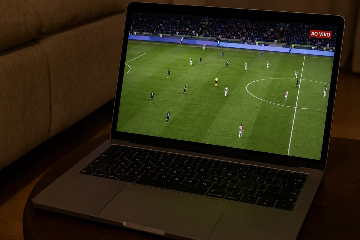 Um notebook reproduz uma partida de futebol com a indicação « AO VIVO ».