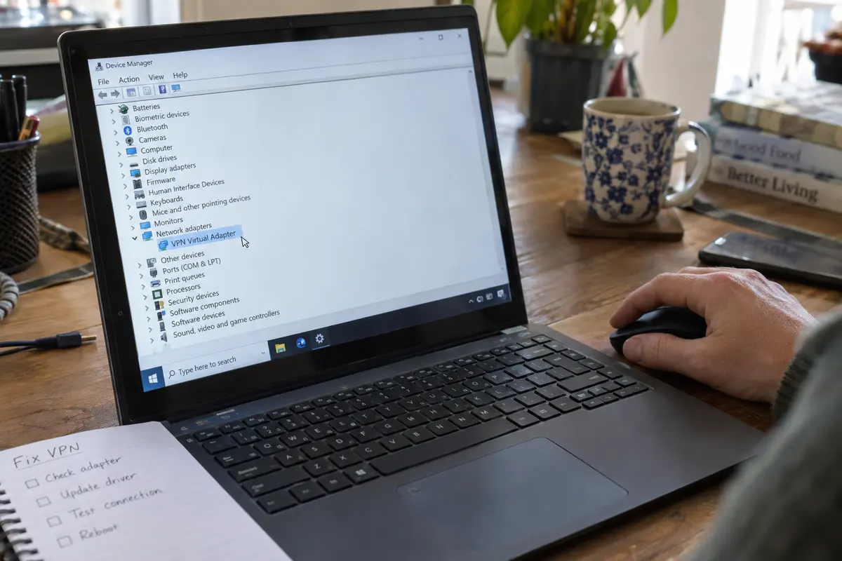 Windows Device Manager shows the VPN virtual adapter selected for a targeted repair