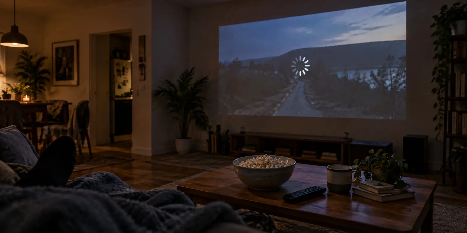 A home projector stalls on a loading spinner during movie night