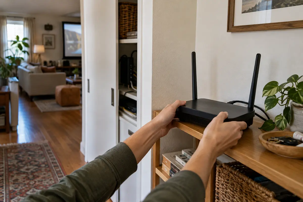 A home router is moved from a cabinet to an open shelf nearer the living room
