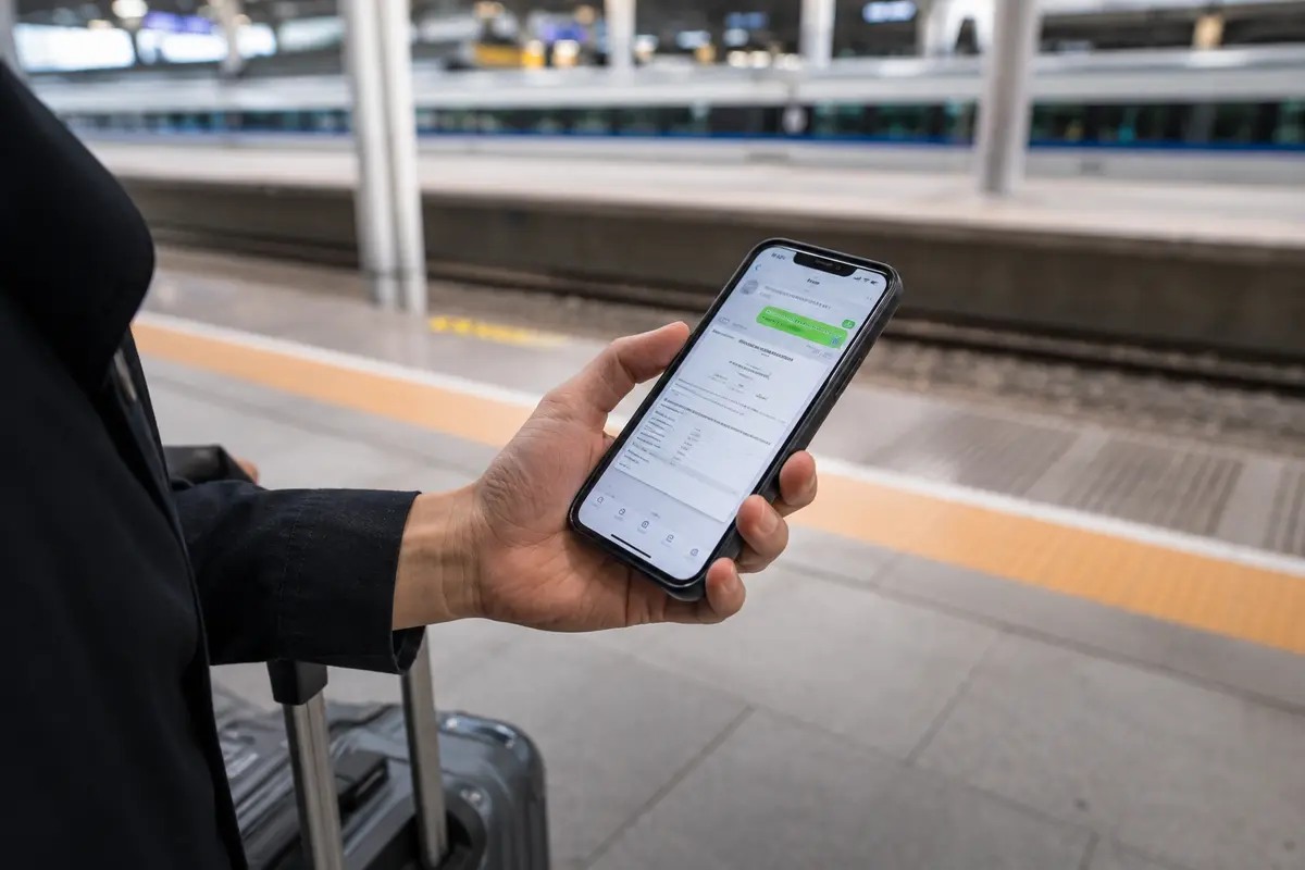 Reisender mit gespeicherter Hotelbestätigung auf dem Telefon am Bahnsteig in Hangzhou