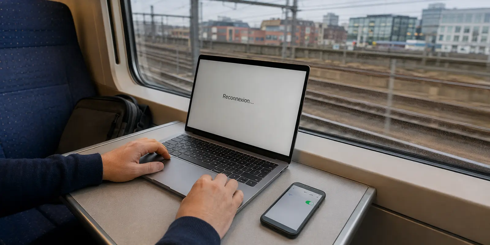 Dans un train quittant Bruxelles, le document reste bloqué sur la reconnexion après le passage au partage mobile.