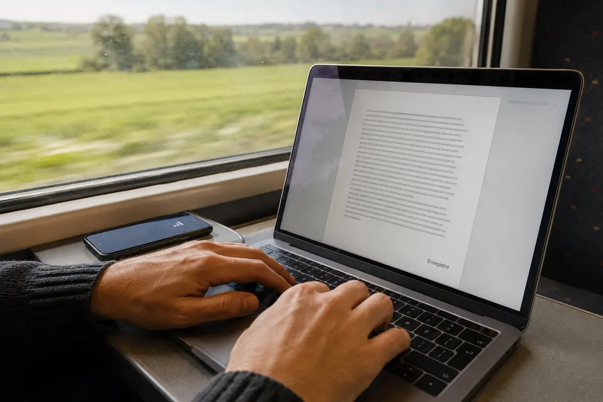 Le document est de nouveau enregistré pendant que le train traverse la campagne belge malgré un signal mobile faible.