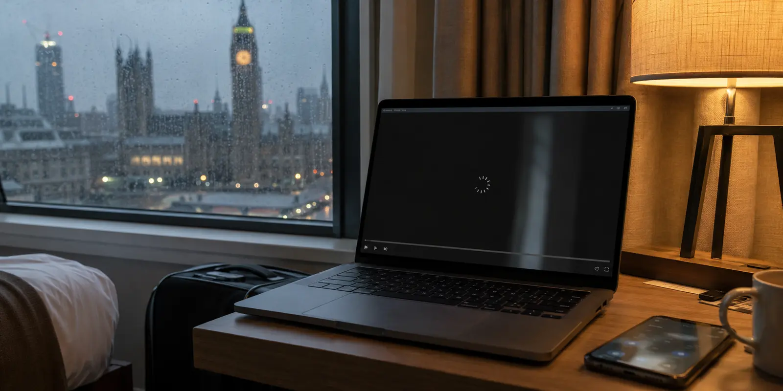 Dans une chambre d’hôtel à Londres, un ordinateur portable reste bloqué sur le chargement d’une vidéo.