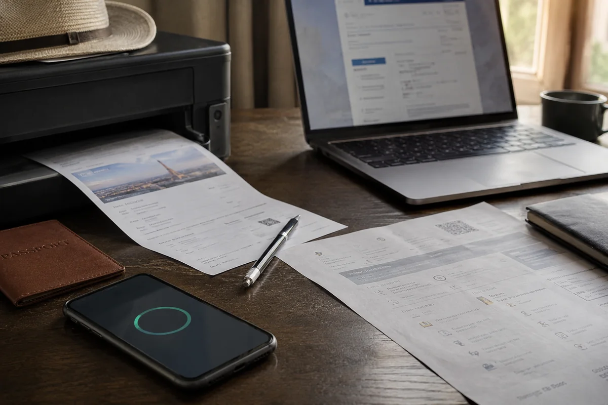 Une réservation imprimée et un téléphone connecté restent sur le bureau après la validation.