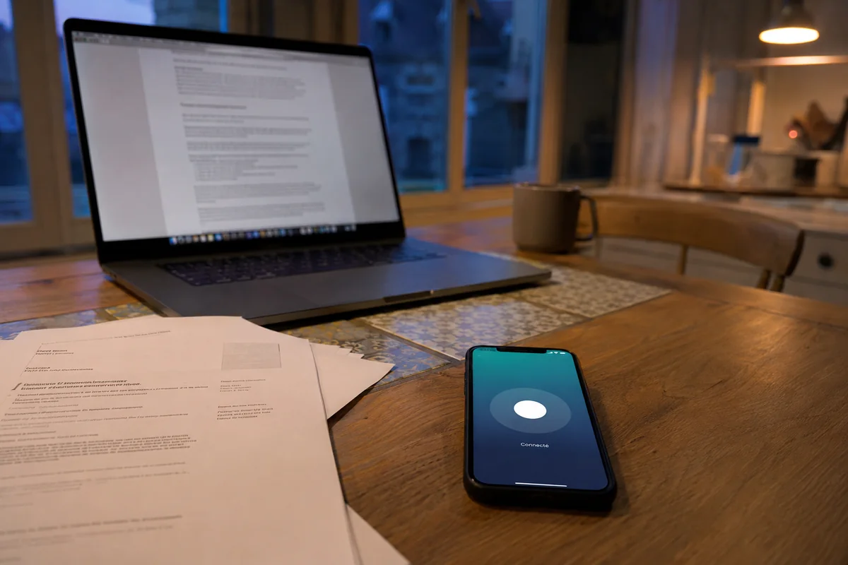 Un téléphone connecté sans publicité repose à côté d’un ordinateur et de documents.
