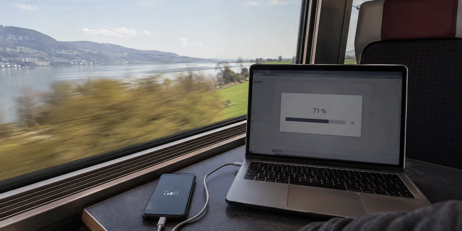 Dans un train entre Lausanne et Paris, un téléversement reste bloqué à 71 %.