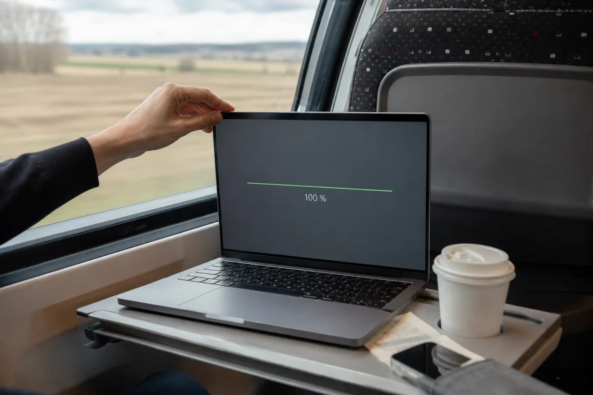 Le téléversement atteint 100 % sur un ordinateur dans le train.