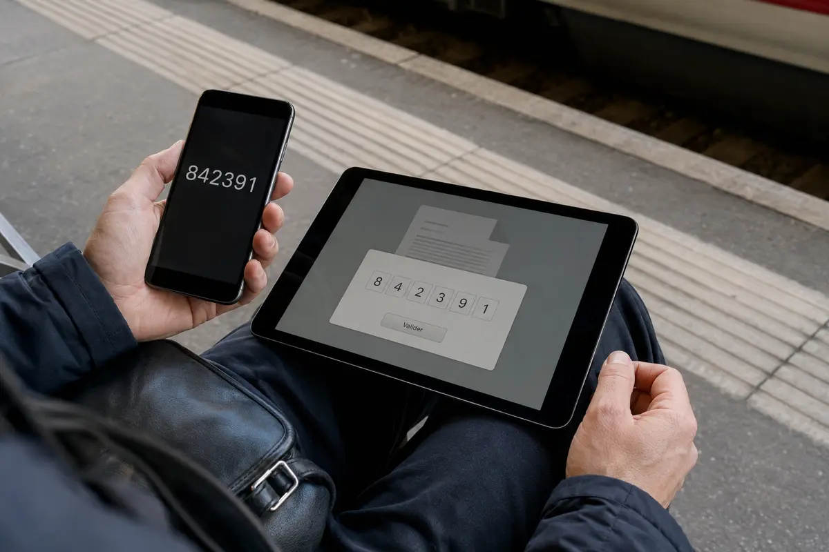 Code de vérification identique affiché sur un téléphone et une tablette à la gare