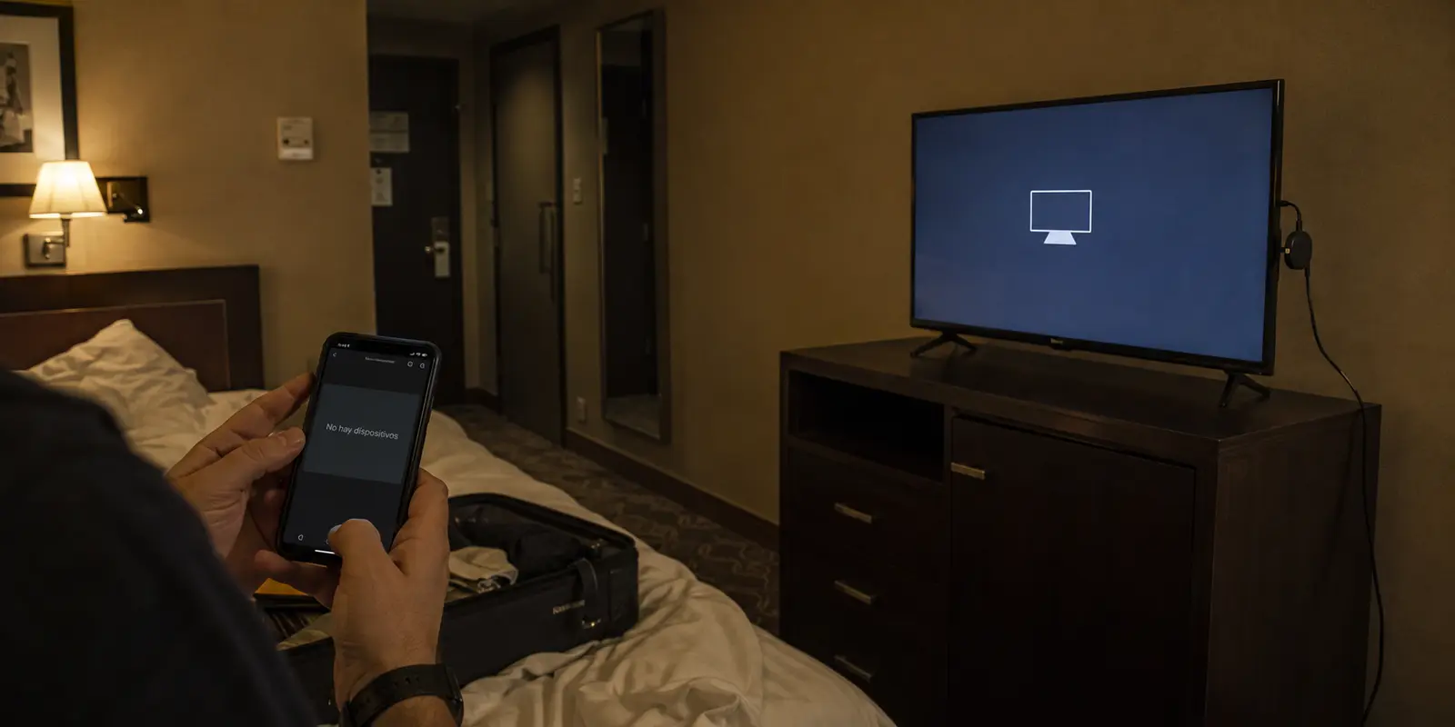 Teléfono sin dispositivos Cast disponibles frente al televisor de un hotel