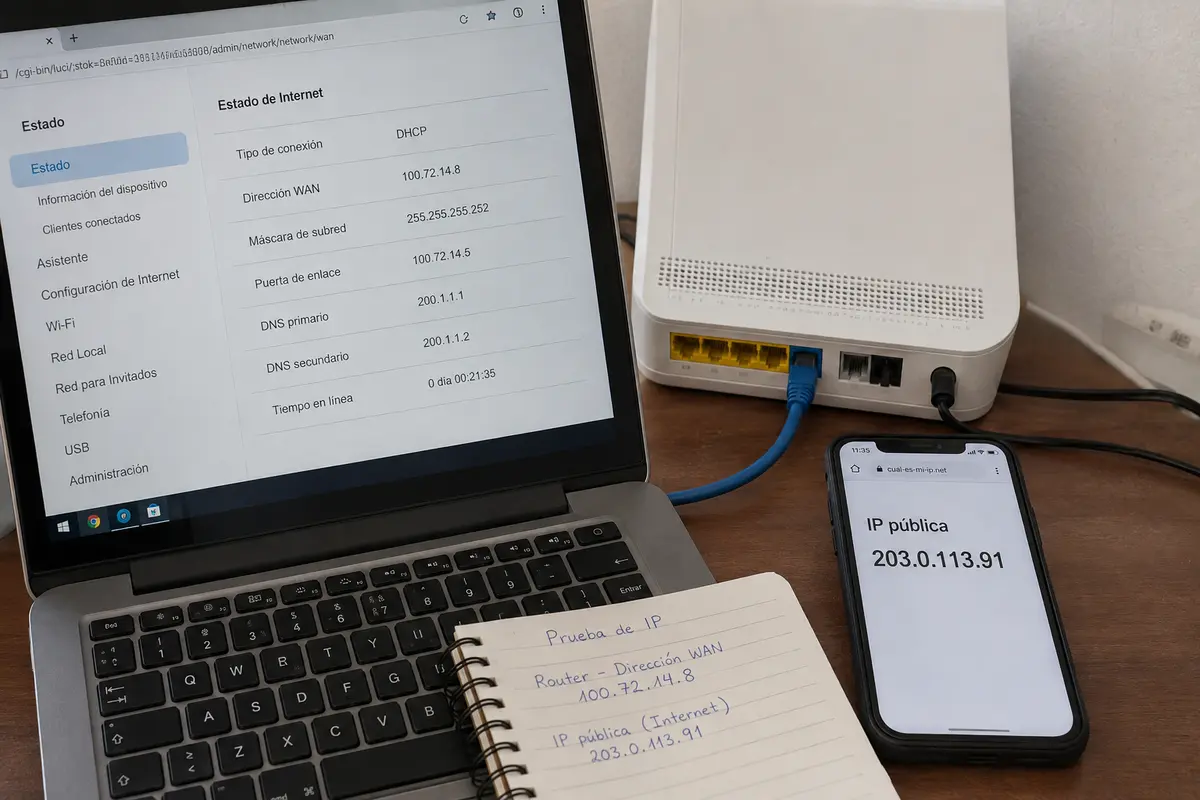La dirección WAN del router pertenece al rango CGNAT y no coincide con la IP pública observada