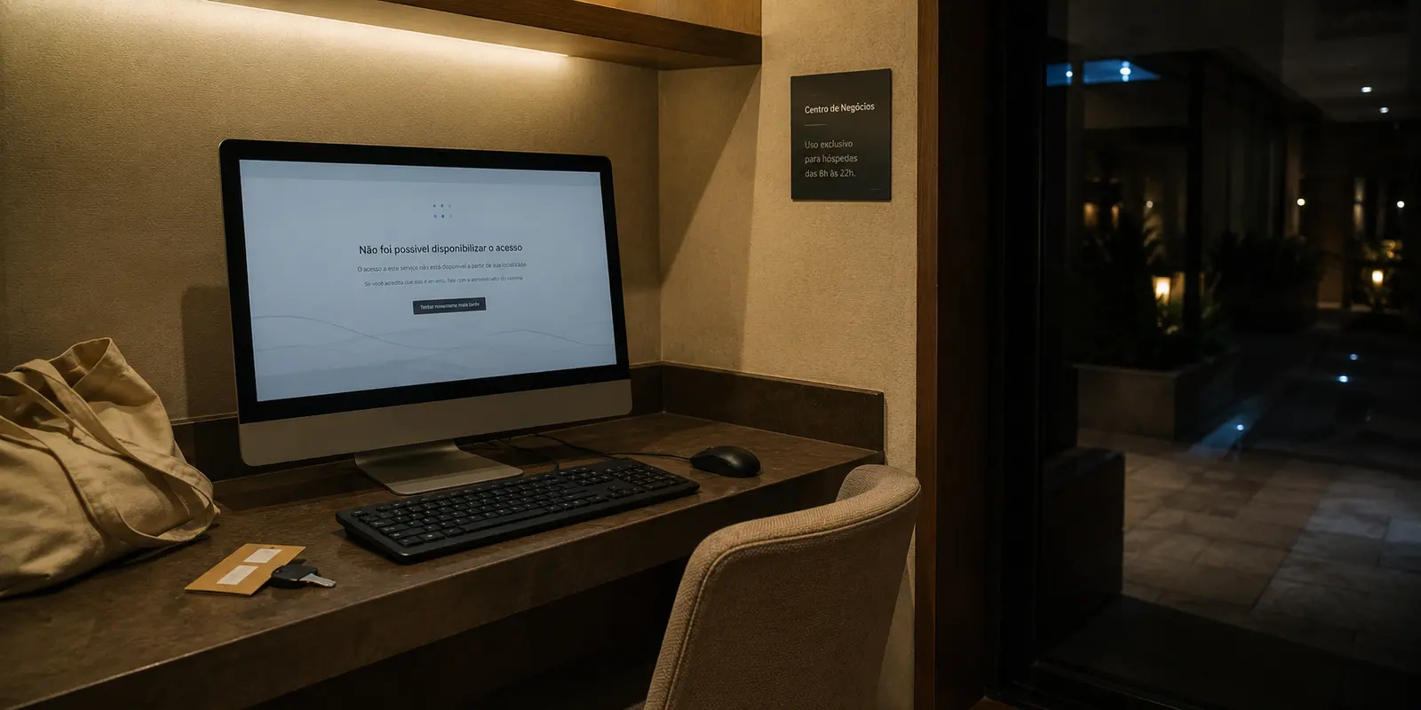 Computador de um hotel no exterior mostrando a recusa de acesso a um portal brasileiro por causa da localização