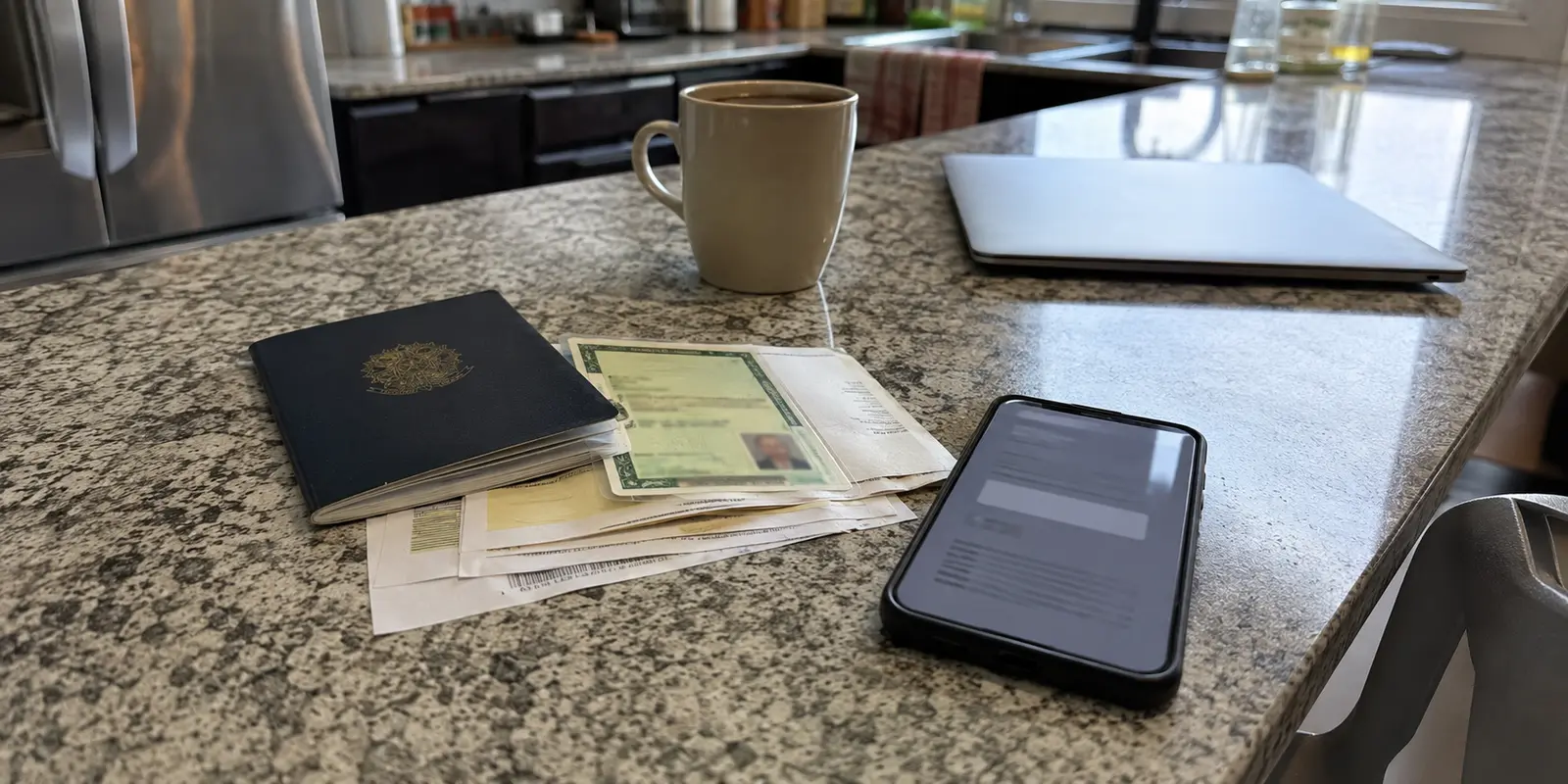 Celular ao lado de documentos brasileiros durante uma tentativa de acesso a um portal nos Estados Unidos