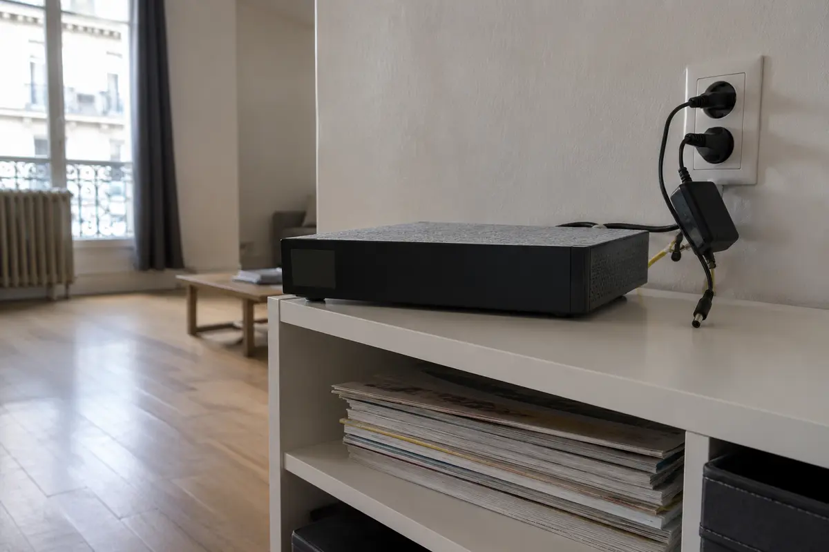 Une box Internet éteinte dans un appartement parisien vide avec son alimentation débranchée