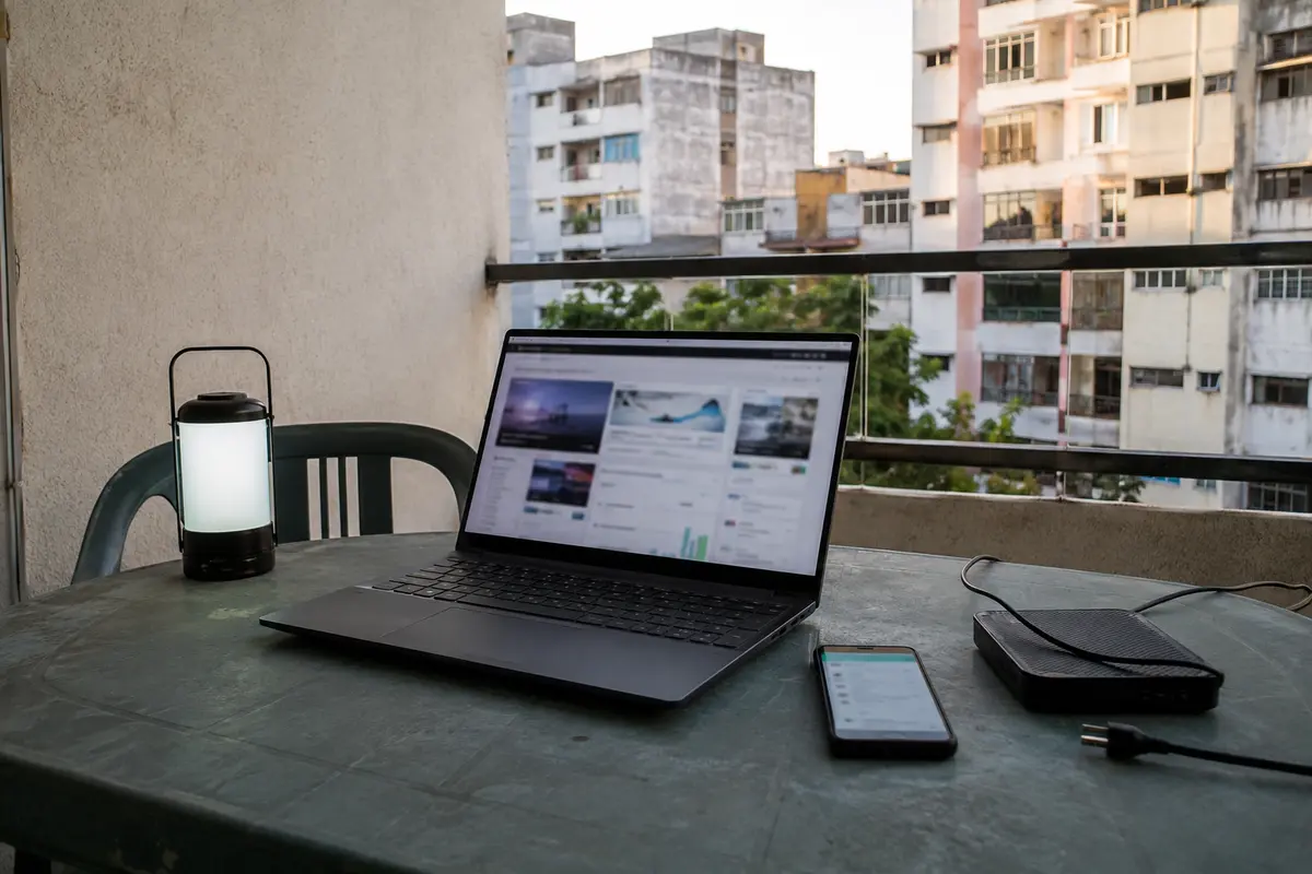 Portátil conectado por datos móviles mientras el router permanece apagado durante un corte eléctrico