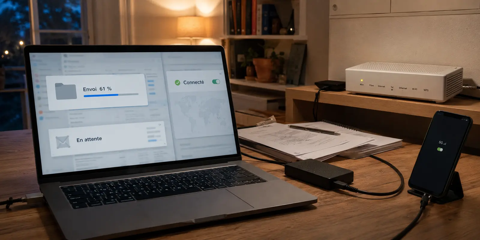 Un envoi de dossier bloqué à 61 pour cent alors que le VPN affiche Connecté et que le téléphone partage la 5G