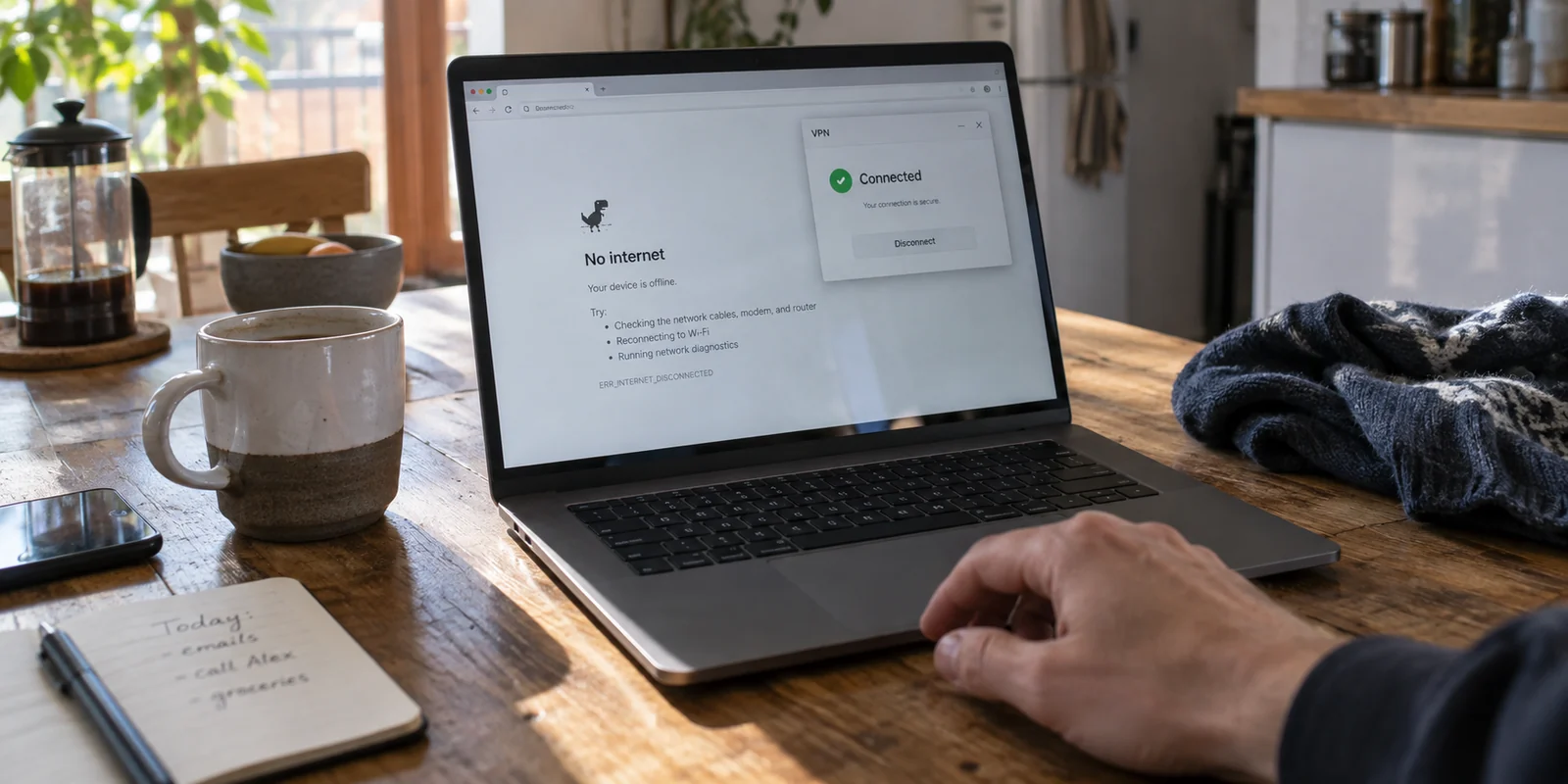 A recently awakened laptop showing a connected VPN beside a browser with no internet.