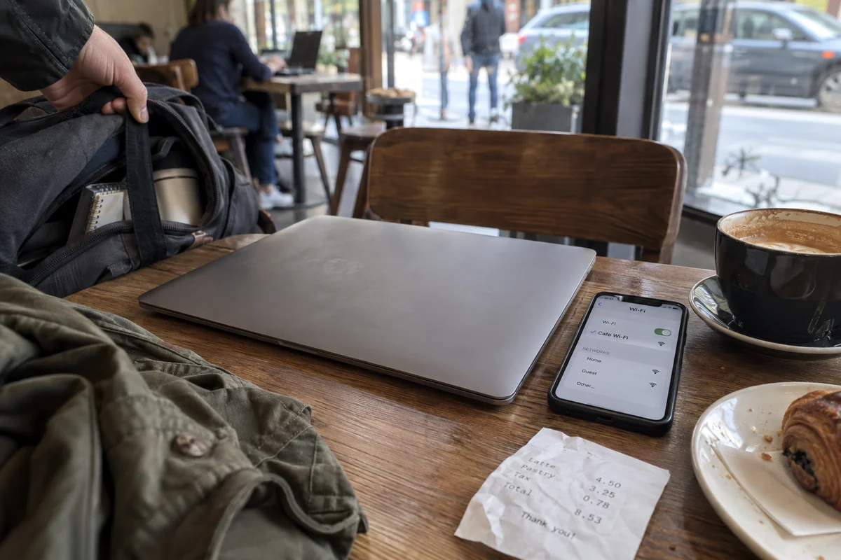 A closed laptop at a café beside a phone connected to the café Wi-Fi.