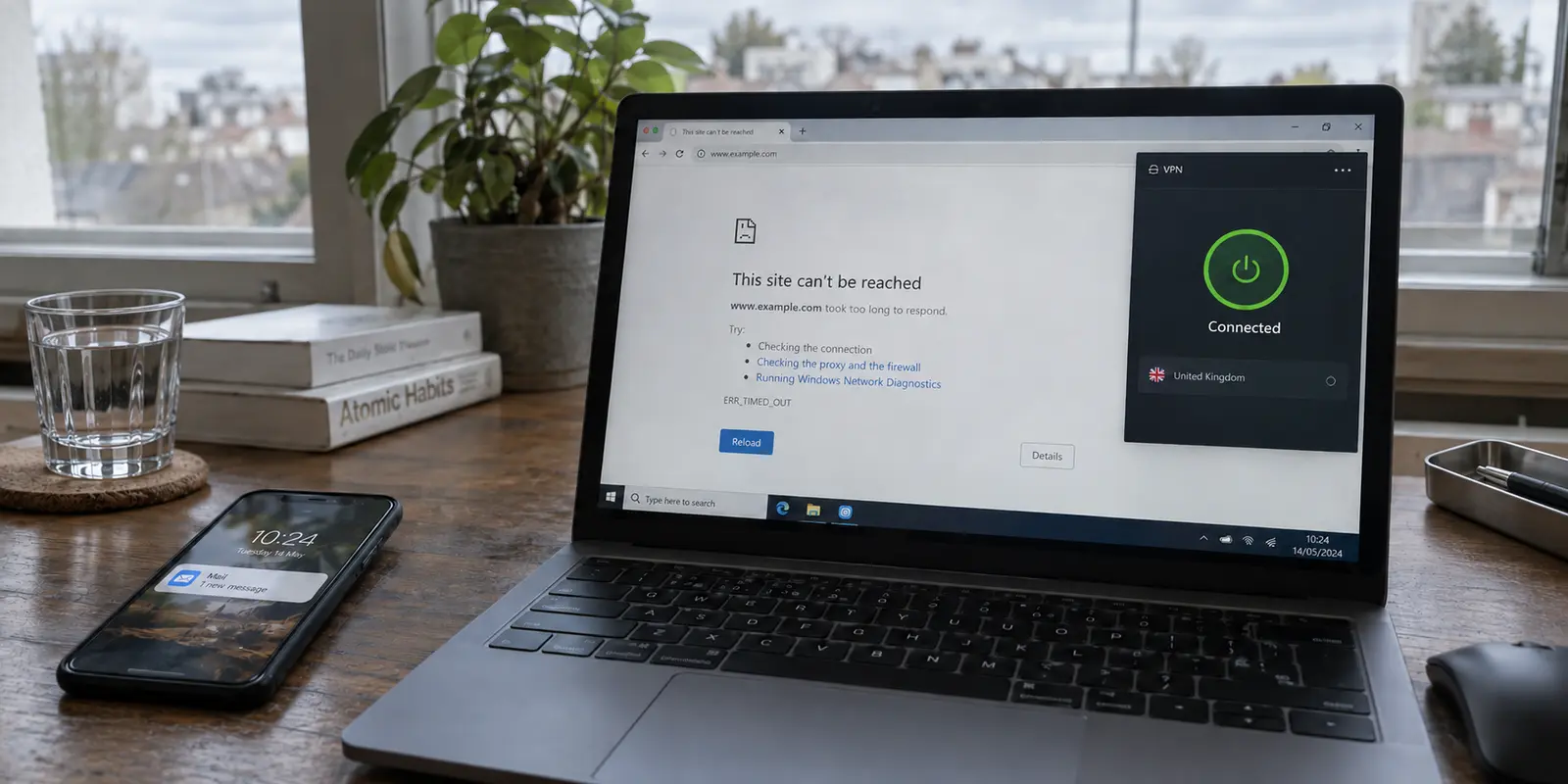 A browser saying the site cannot be reached while the VPN status says Connected