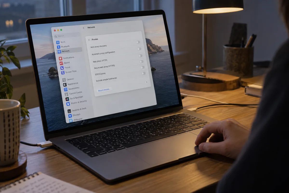 A Mac user checks the system Network proxy settings while diagnosing browser failures.