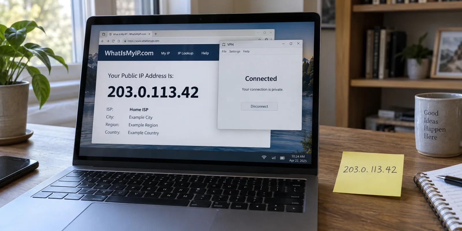 A public IP lookup matches a recorded home ISP address even though the VPN says connected.